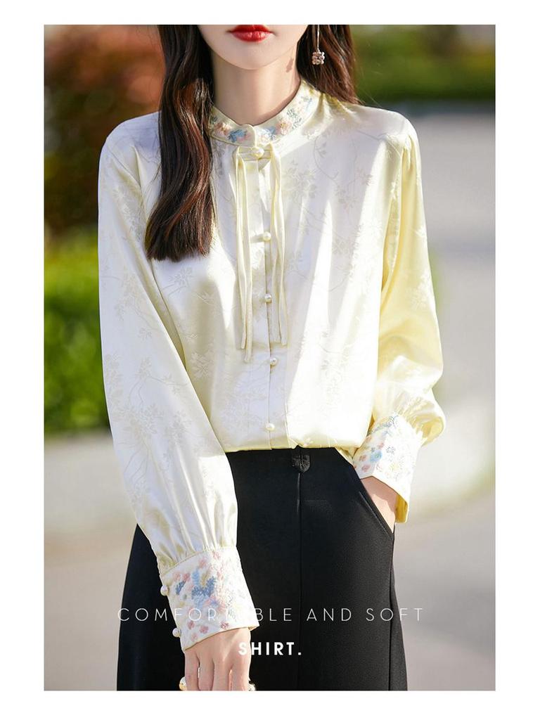 Damen Satin Stickerei Chinesischer Stil Hemd mit Stehkragen und elegantem Druck
