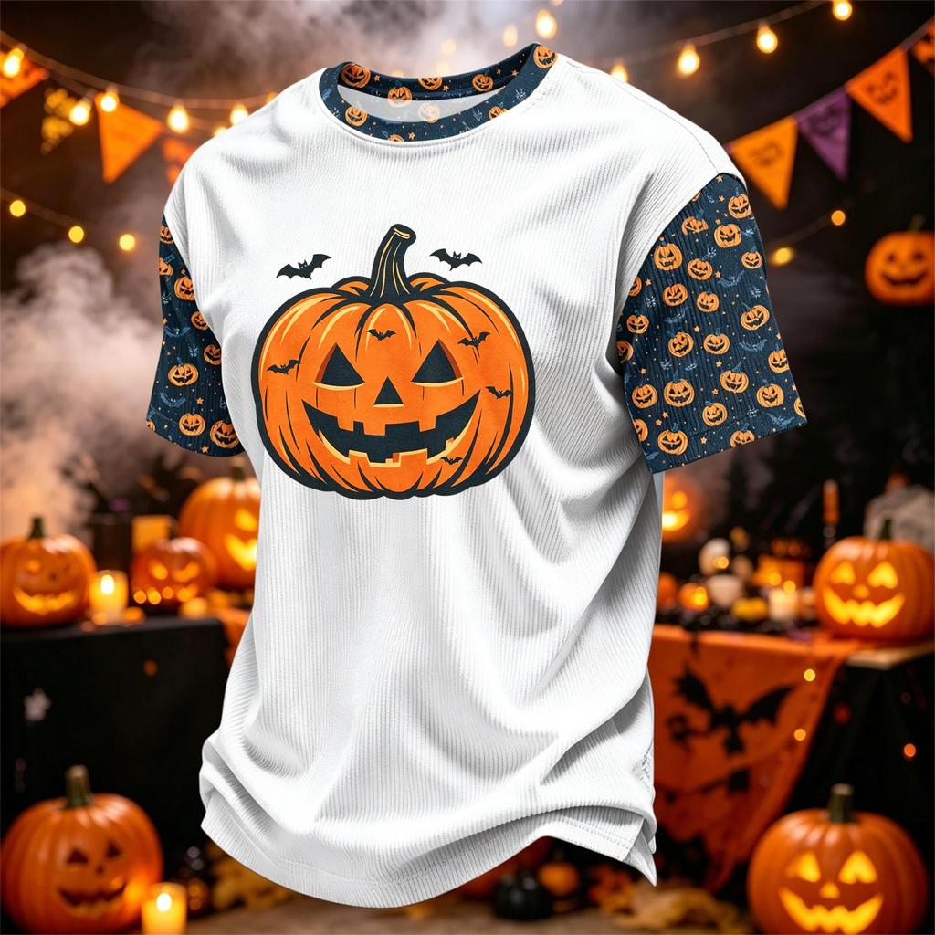 Herren Freizeit Corduroy Kurzarm Rundhals Leicht Atmungsaktiv T-Shirt mit Halloween Kürbis Print Design Bequeme Passform