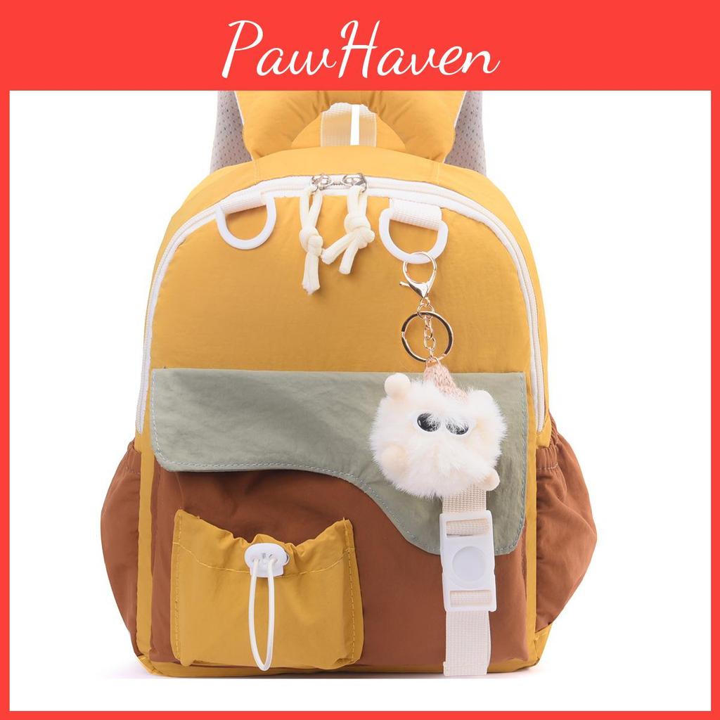 Childrens Color Blocked Backpack With Plush Pendant For Kids