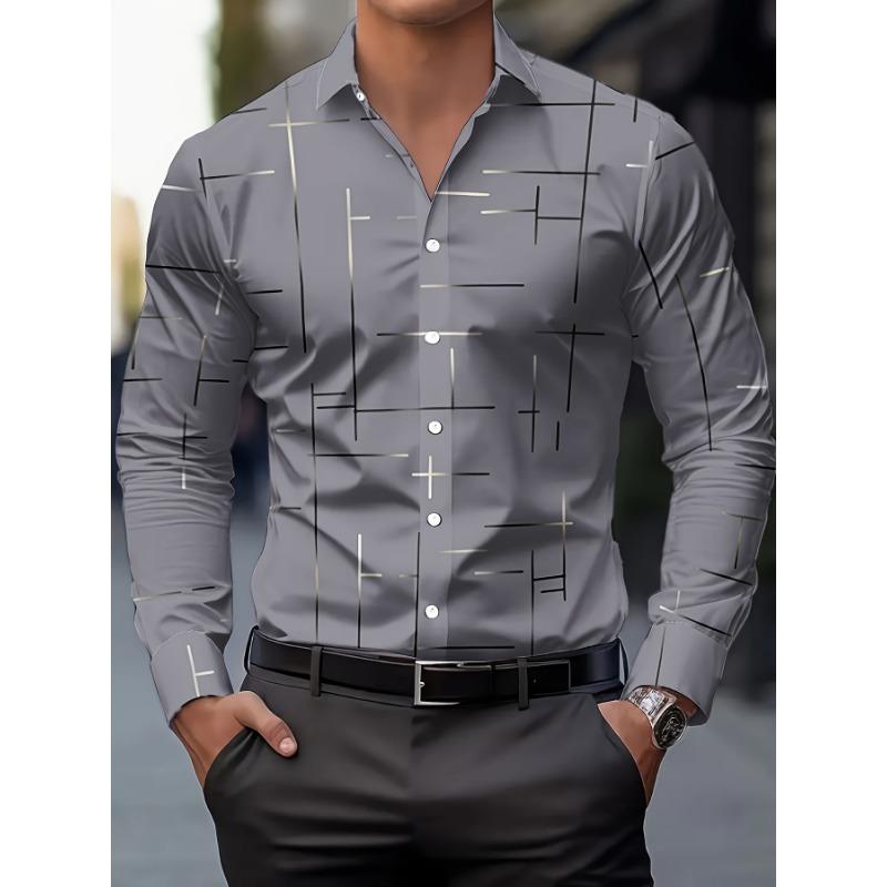 Men's Casual Geometric Print Long Sleeve Shirt - Breathable Button-Up Collared Shirt for Spring & Fall