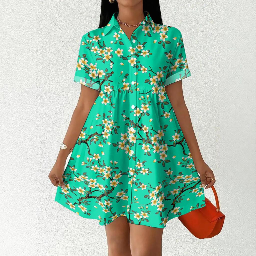 Women's Casual Loose Fit Shirt Dress Button Front Short Sleeve Collared Dress A-Line Hem Summer Dress