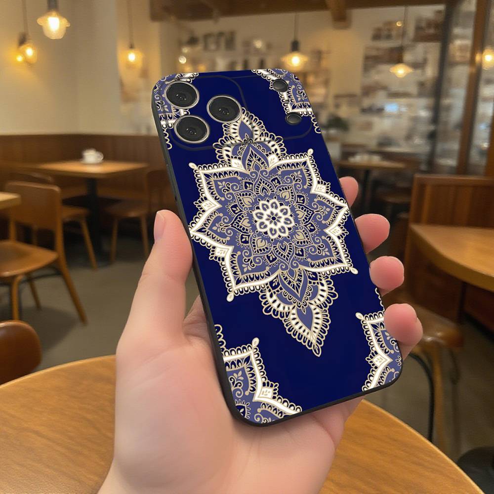

Art Iznik Tile Patterns Wear-resistant Phone Case For iPhone 17,16,15,14,13,12,11,Pro,Max,Plus Black Soft Cover iPhone17promax
