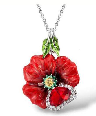 Handcrafted Floral Pendant Necklace with Enamel Detailing and Crystal Accents On Chain for Women Jewelry Gift