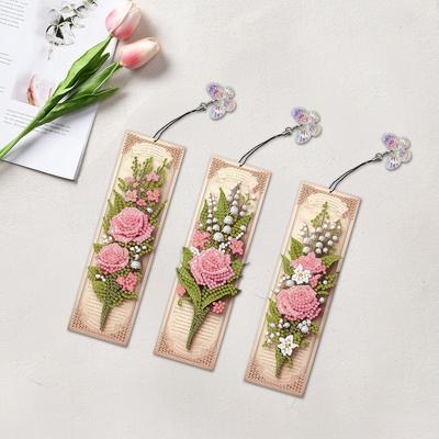 3Pcs Special Shape Rose Bouquet Diamond Painting Bookmark Making Kit Diamond Art Bookmark with Pendant for Kids Adults Beginners