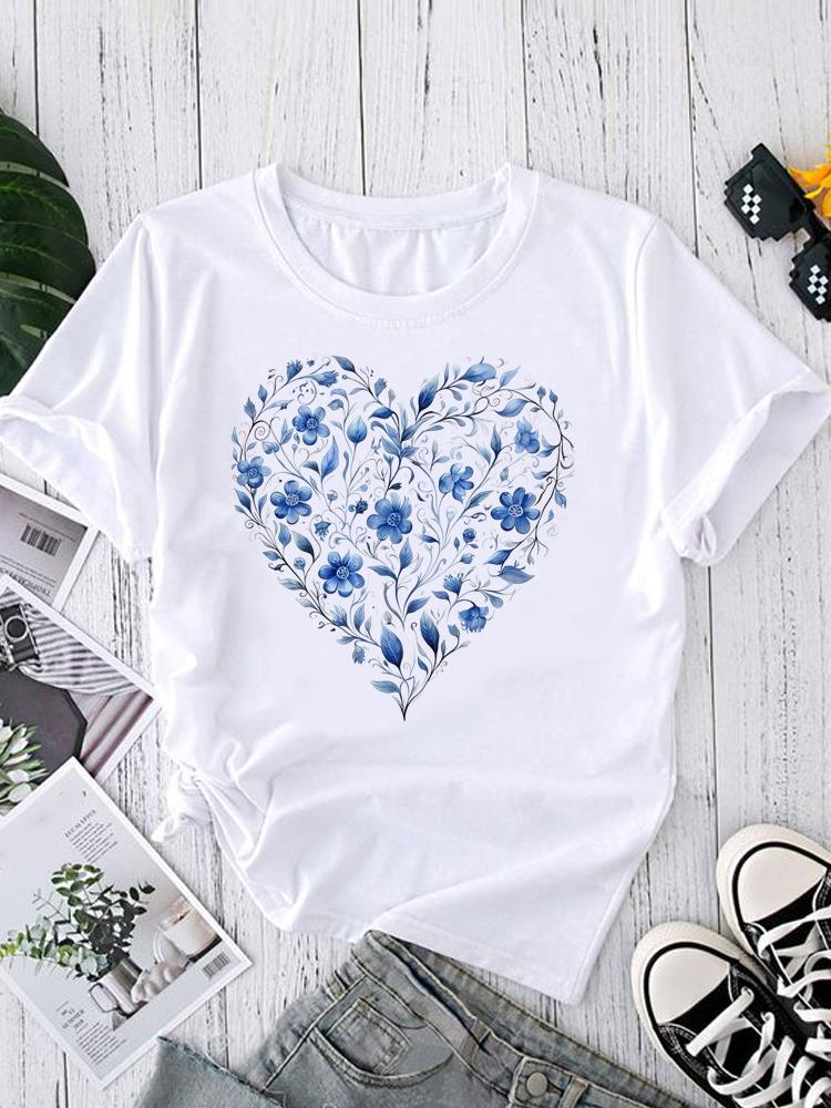 (Asian Size) Graphic Tee T-shirts Female Lovely Feather Style Casual Short Sleeve O-neck Fashion Print Women's Top T Clothing