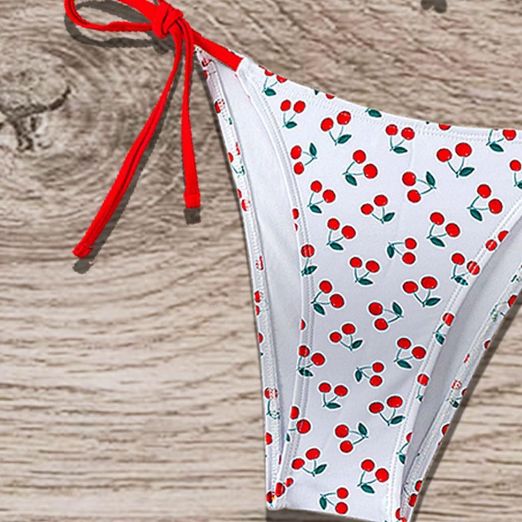2024 Cherry Print Halter Tie-Back Backless Bikini Swimwear for Women