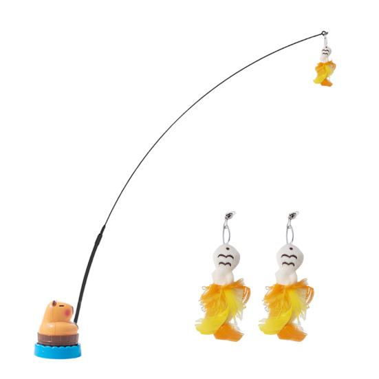 Interactive Cat Teaser Wand Cat Toy with Interchangeable Feathered Teaser Heads 360-Degree Rotating Capybara Base Flexible Cat Wand