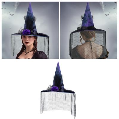 Cool Witch Hat with Veil Flower Glitter for Women Men Teenagers for Halloween Party Veil Retro Wizard Cosplay