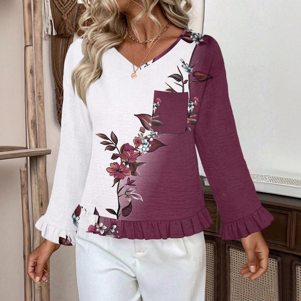 Dámský ležérní módní top s volánky, výstřihem do V, potiskem a dlouhým rukávem