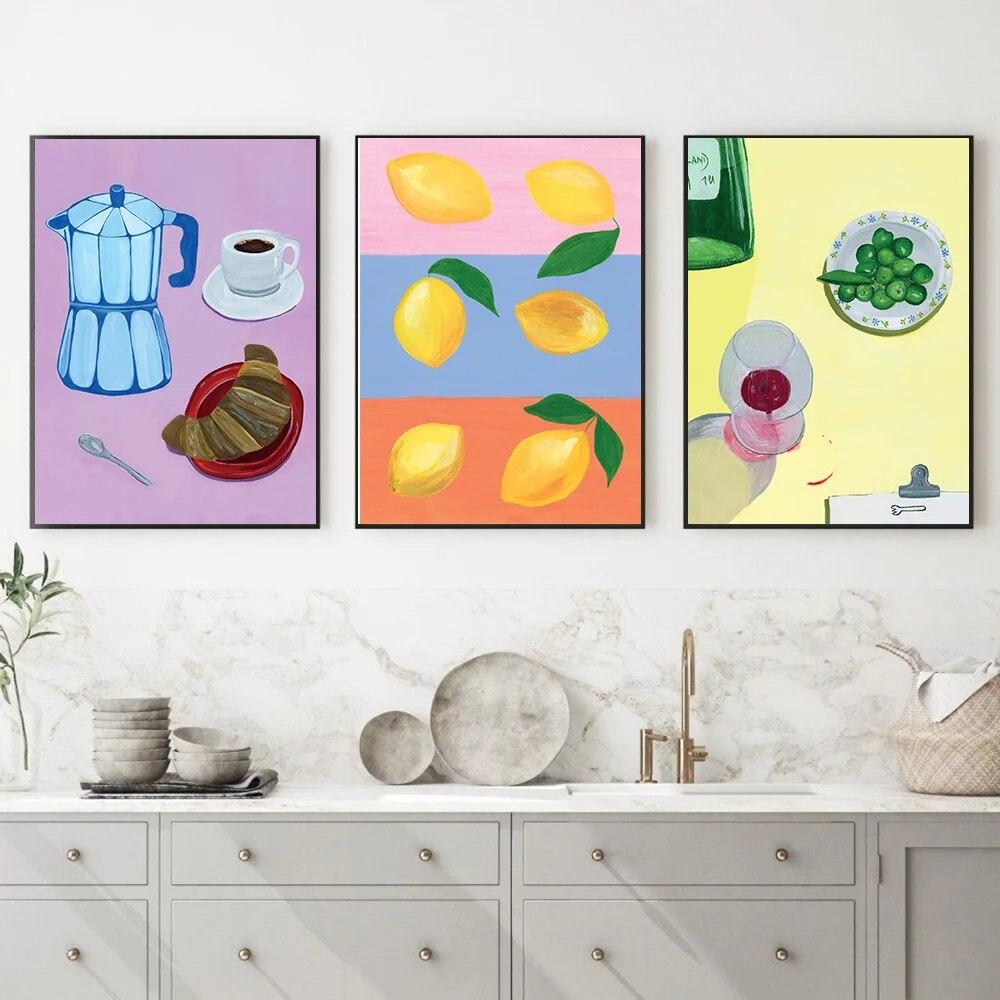 

Fruit Lemon Watercolor Painting Fish Coffee Breakfast Art Print Kitchen Wall Picture Restaurant Canvas Poster Customizable