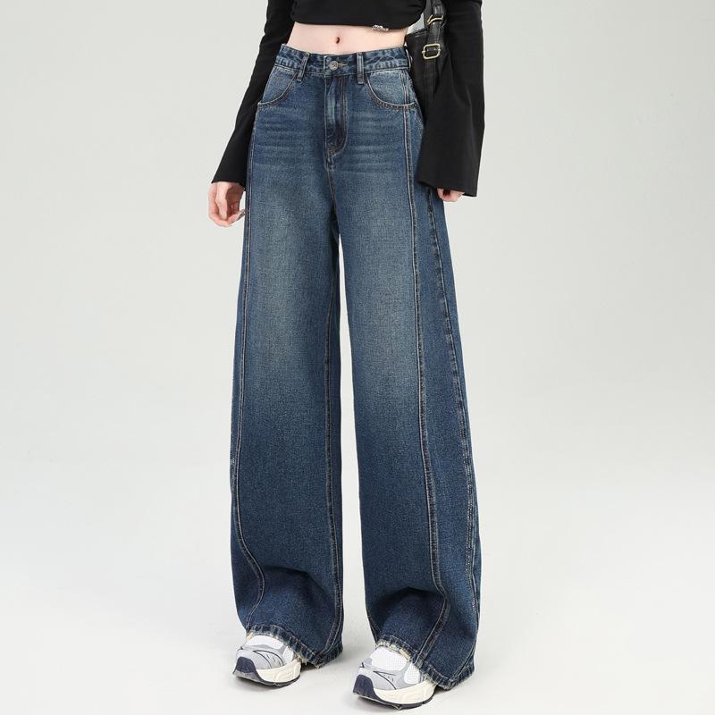 

Женские синие ретро джинсы слим прямого кроя, маленький размер, в пол, осень 2025. XL джинсовый синий