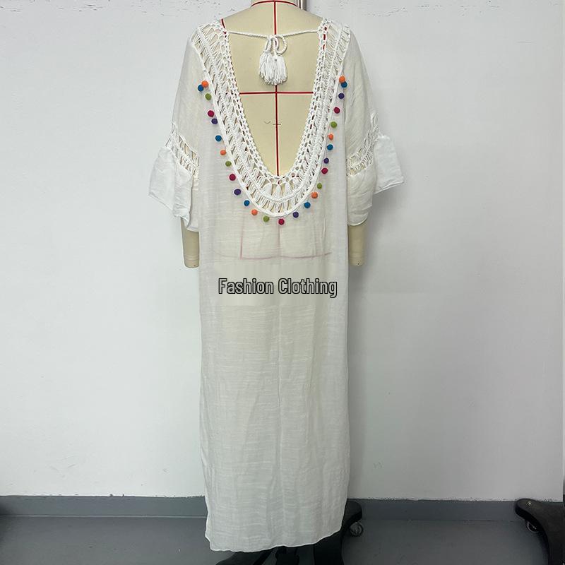 Womens American Crossborder European Handcrocheted Patchwork Ball Loose Beach Coverup Dress Sexy Backless Hollow Design