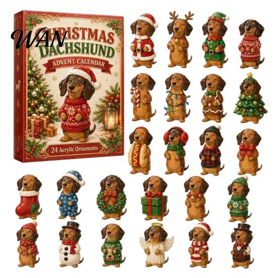 Addobbi da appendere all'albero di Natale 2026 Calendario dell'Avvento Bassotto, 24 Giorni Sorprese da Collezione Cane con Regali Festivi 2D Figure Cucciolo per