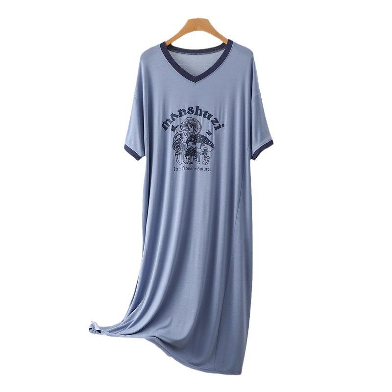 Plus Size Casual V-Neck Letter Print Modal Nightgown - Summer Loose-Fit Short Sleeve Dress