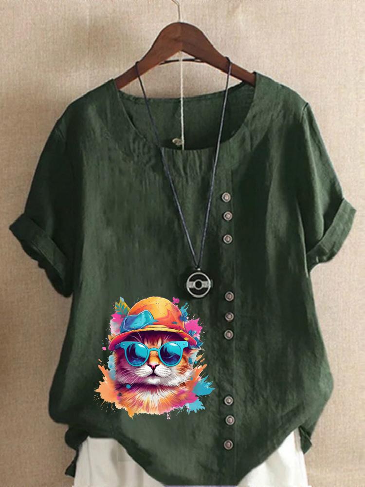 Women's Fashion Colorful Cat Print Round Neck Short Sleeve T-shirt Summer Casual Cotton Linen Graphic Shirt Leisure Loose Blouse Tops