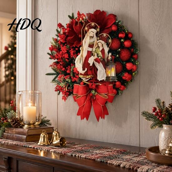 Artificial Holiday Wall Decor with Red Berries 2D Flat Wooden Nativity Christmas Wreath Little Jesus Holly Family Front Indoor Outdoor Mantel