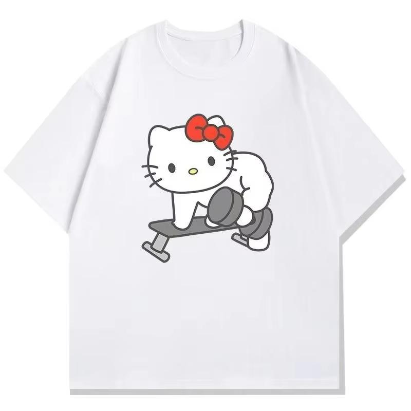   Cotton Breathable Childrens Tshirt 2026 Summer New Fitness Hello Kitty Cartoon Printed Casual Parent Child Short Sleeve