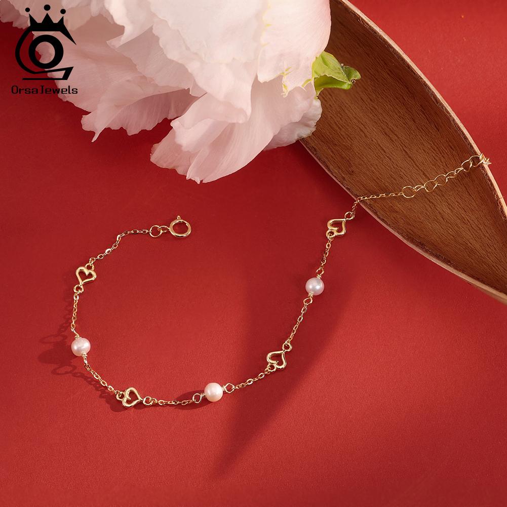 ORSA JEWELS 925 Sterling Silver Simple Love Heart Link Chain Bracelet with Natural Pearl for Women Fine Retro Jewelry GPB56