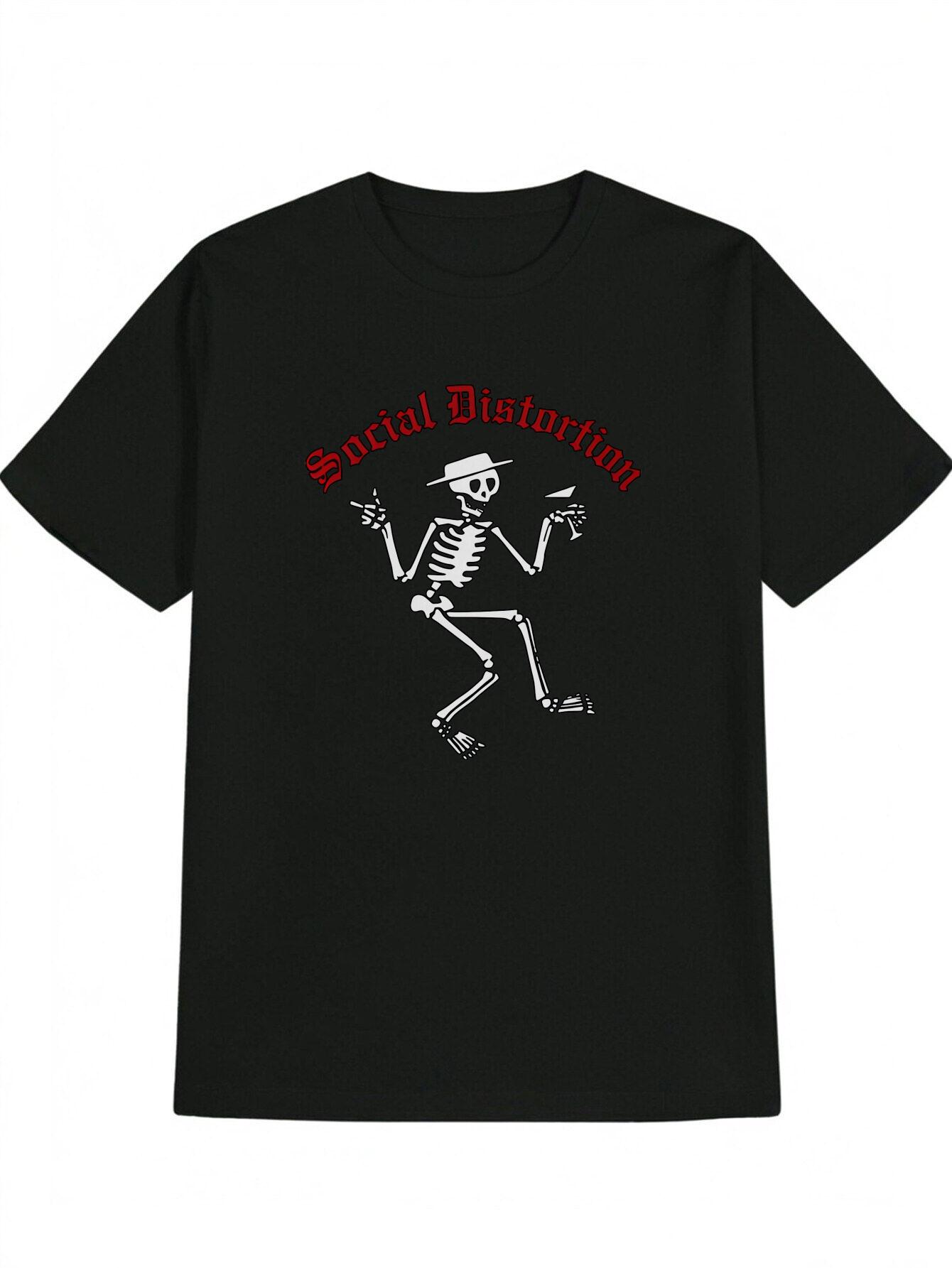 Casual Graphic T-shirt - Black Social Distortion Skeleton Rockstar Print L