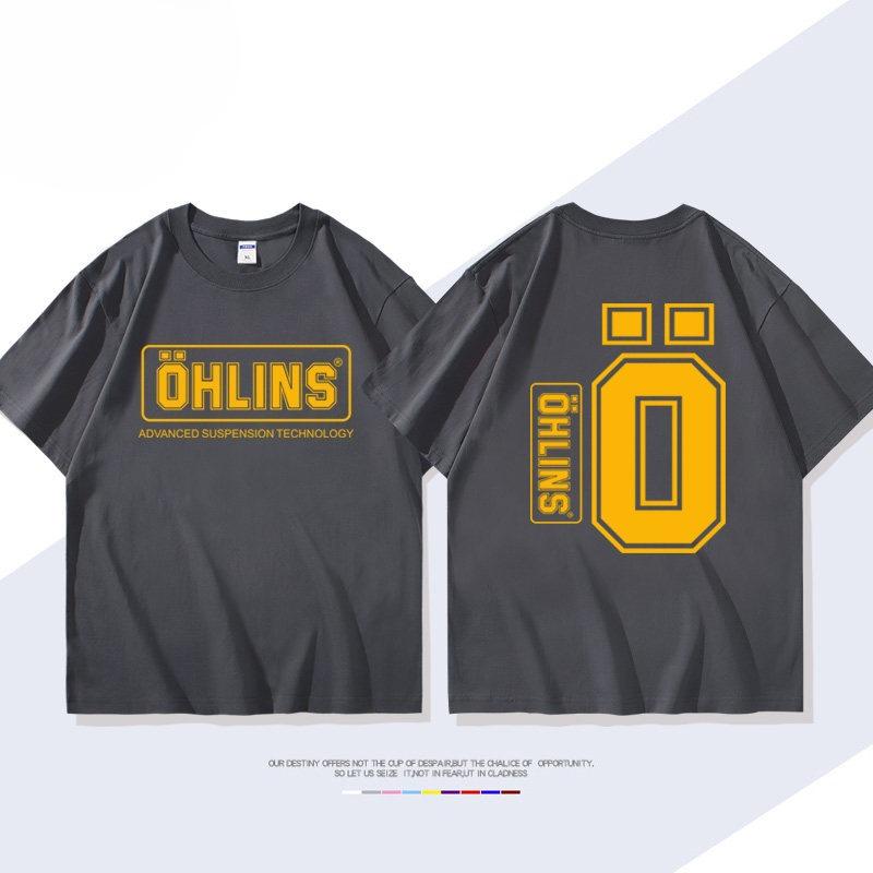 OHLINS Motorcycle Shock Absorber Modified Shortsleeved Tshirt Casual Mens and Womens Pure Cotton Clothing