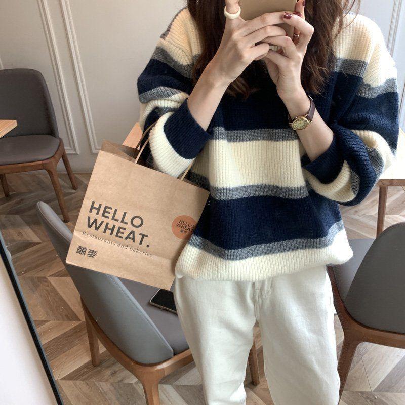 Women's  Striped Sweater Knitted Sweater Autumn and Winter Retro Color Blocked Loose Sweater