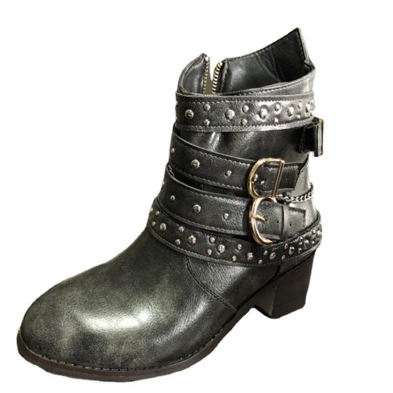 Coarse Heel Martin Boots Women's Autumn and Winter High Heel Large Size Belt Buckle Chain Rivet Short Boots Women's Single Boots