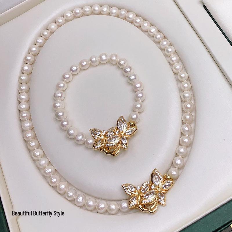 Versatile Women's Freshwater Pearl Necklace Bracelet Set