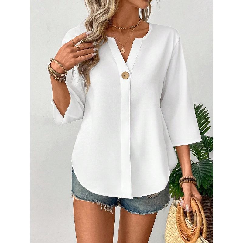 Summer New V-neck Three-quarter Sleeve Loose-fitting Shirt for Women - Solid-colored Striped Casual Business Blouse