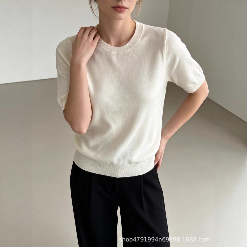 Crew neck mid-sleeved knitted top for women, loose and versatile basic bottoming shirt, factory wholesale