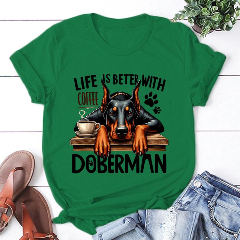 Hot Life Is Better With Coffee Doberman Graphic Short Sleeve T-Shirts For Men Women Shirts Loose T-Shirt Casual Summer T-Shirts