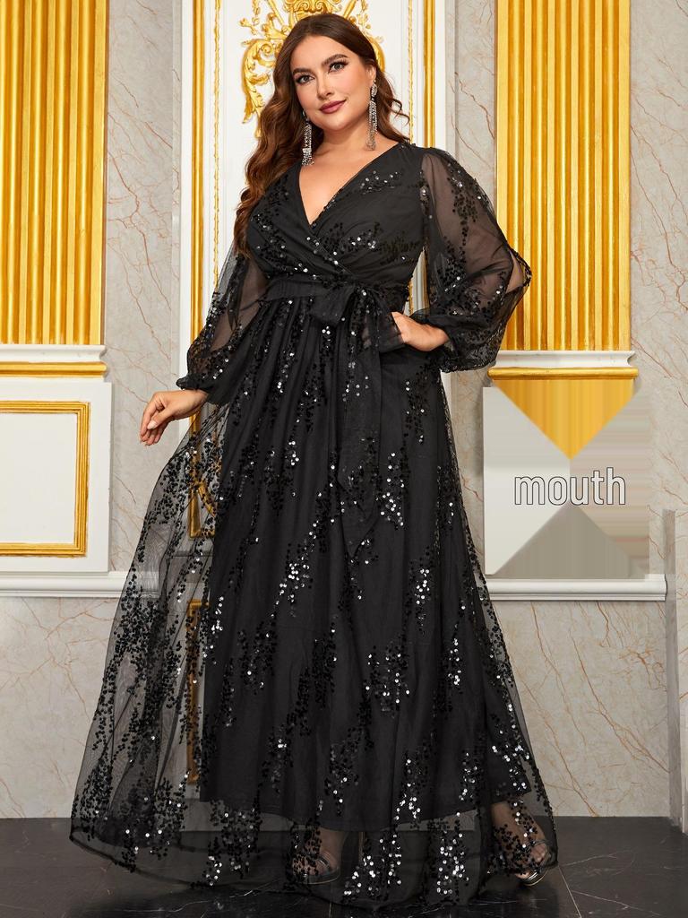 Damen Übergröße Pailletten Blumen Abendkleid mit Laternenärmeln und V-Ausschnitt