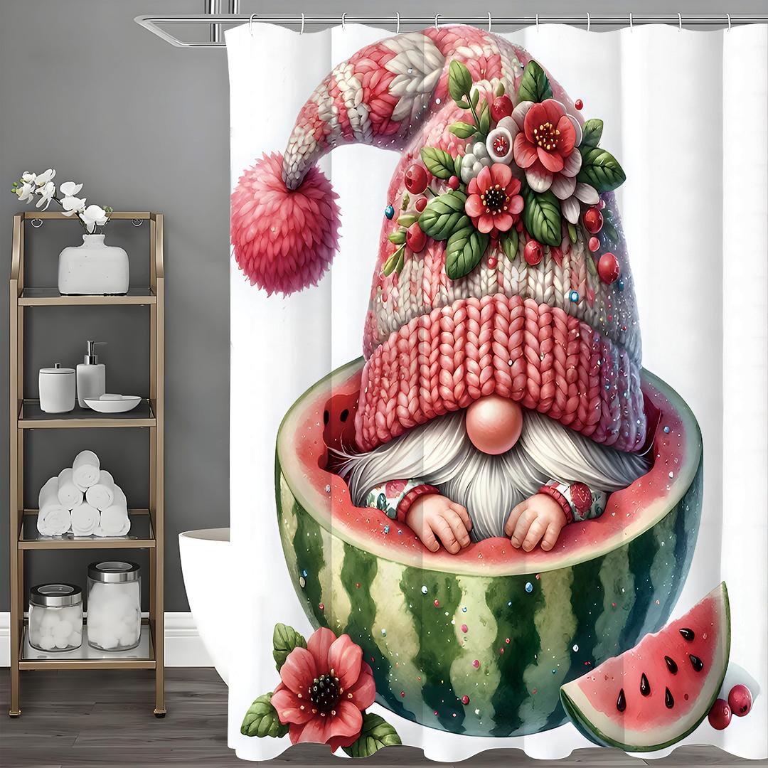 

Милый гном в арбузном арбузном шляпе Цветочная шторка для душа, Декоративная шторка для душа для ванной комнаты, Водонепроницаемая шторка для душа с 90*180cm