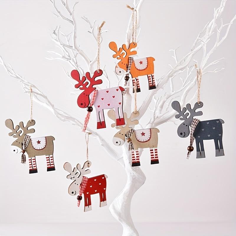 6pcs Wooden Reindeer Ornaments for Christmas Tree Festive Holiday Decorations, No Power Needed
