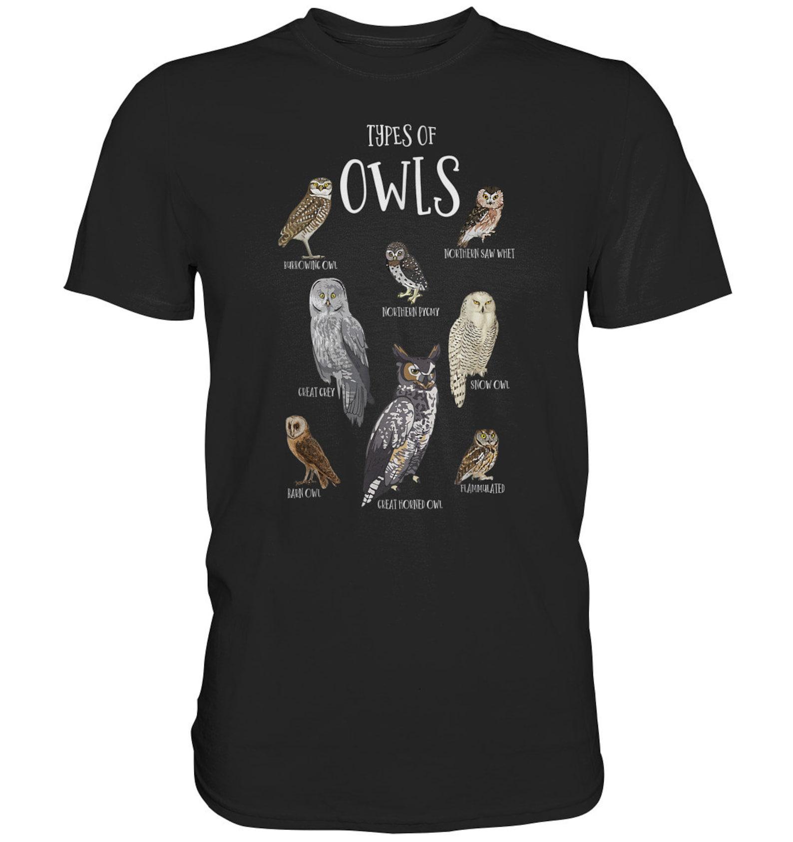 Types of Owls Birds Forest Nature T-Shirt with Owl - Premium Shirt 3XL
