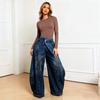Wide Leg Pants Women Vintage Denim Jeans Punk Style Loose Trousers Stretch Mid Waist Washed Distressed