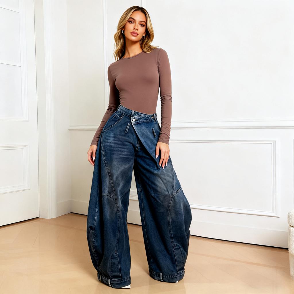 Wide Leg Pants Women Vintage Denim Jeans Punk Style Loose Trousers Stretch Mid Waist Washed Distressed