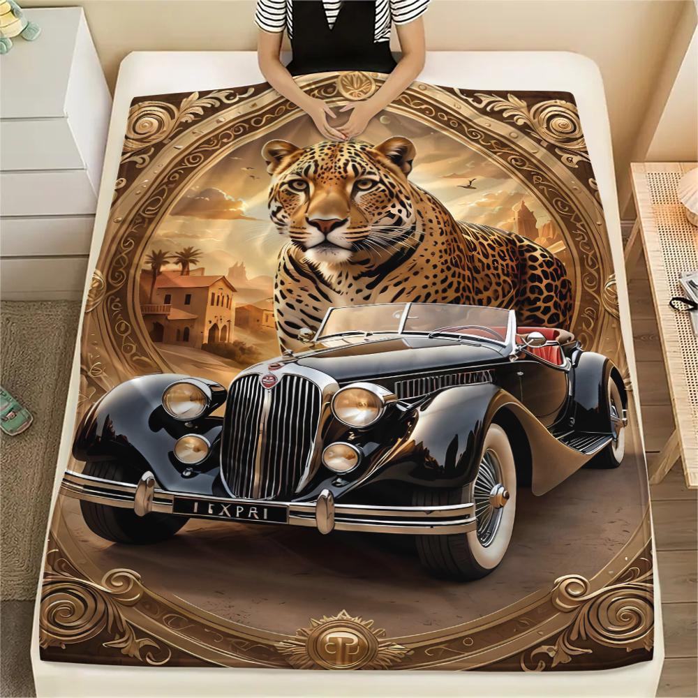 1Pc Leopard and Car Print Flannel Blanket, High Quality Comfortable for All Seasons, Home Decor, Warmth and Comfort, Perfect for Gifts