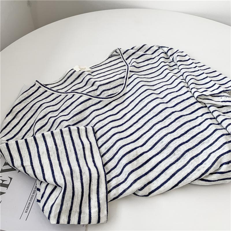 Women's Light Blue Striped V-Neck Bamboo Cotton Short-Sleeve T-Shirt - Loose Fit, Slightly Transparent