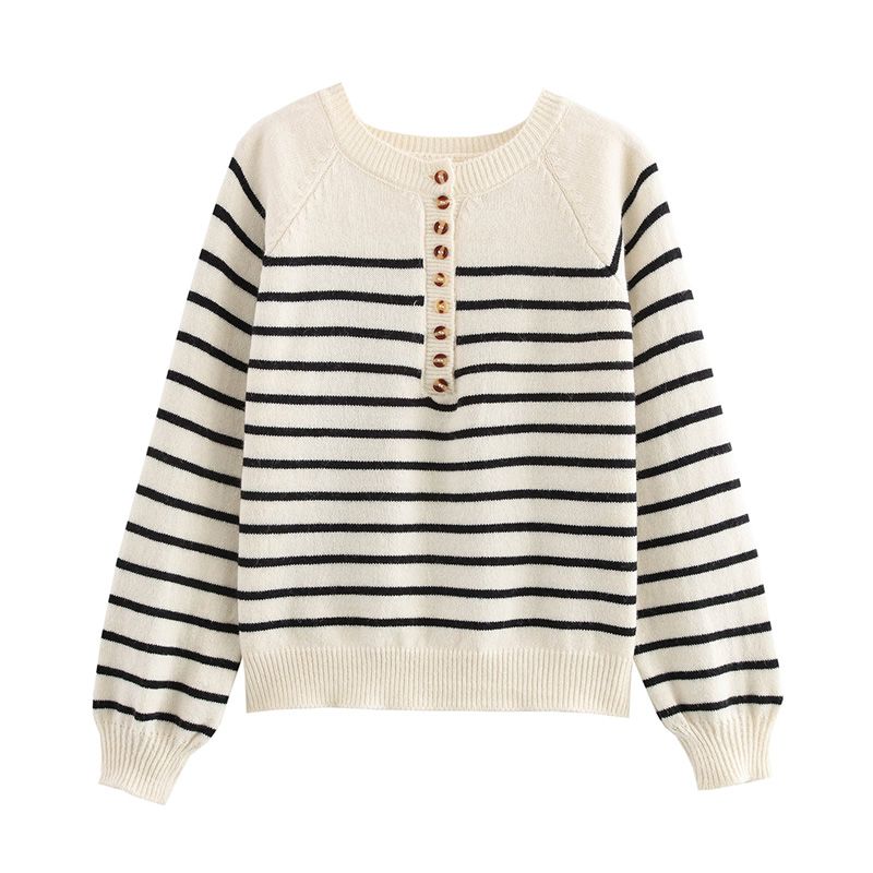 Classic Stripes Henry Collar Knitwear Scandinavian Stylish Retro Button Long Sleeves Loose and Idle Pullover Sweater
