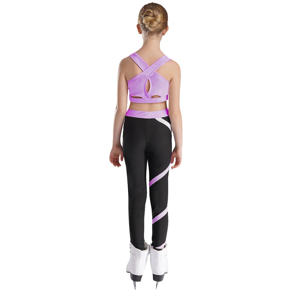 Dívčí Crop Top s U výstřihem, kříženými ramínky a klíčovou dírkou na zádech, bez rukávů, Color Block Legíny, Jógový Sportovní Set