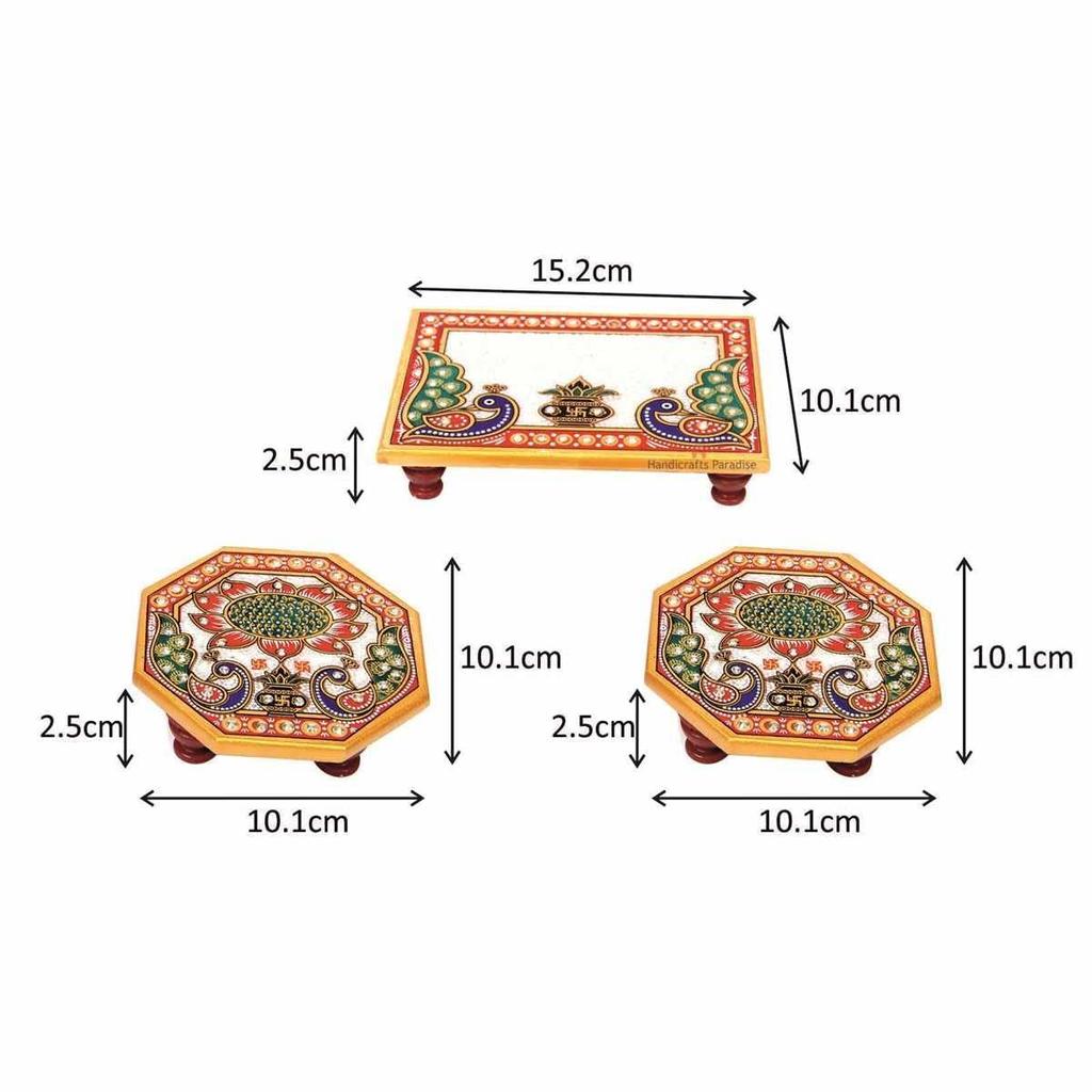 Handicrafts Paradise ( 6 x 4 & 4 x 4 inch, Set of 3Pc Marble Puja Chowki with Intricate Painting for Mandir, Idols Statues Pratima, Bajot