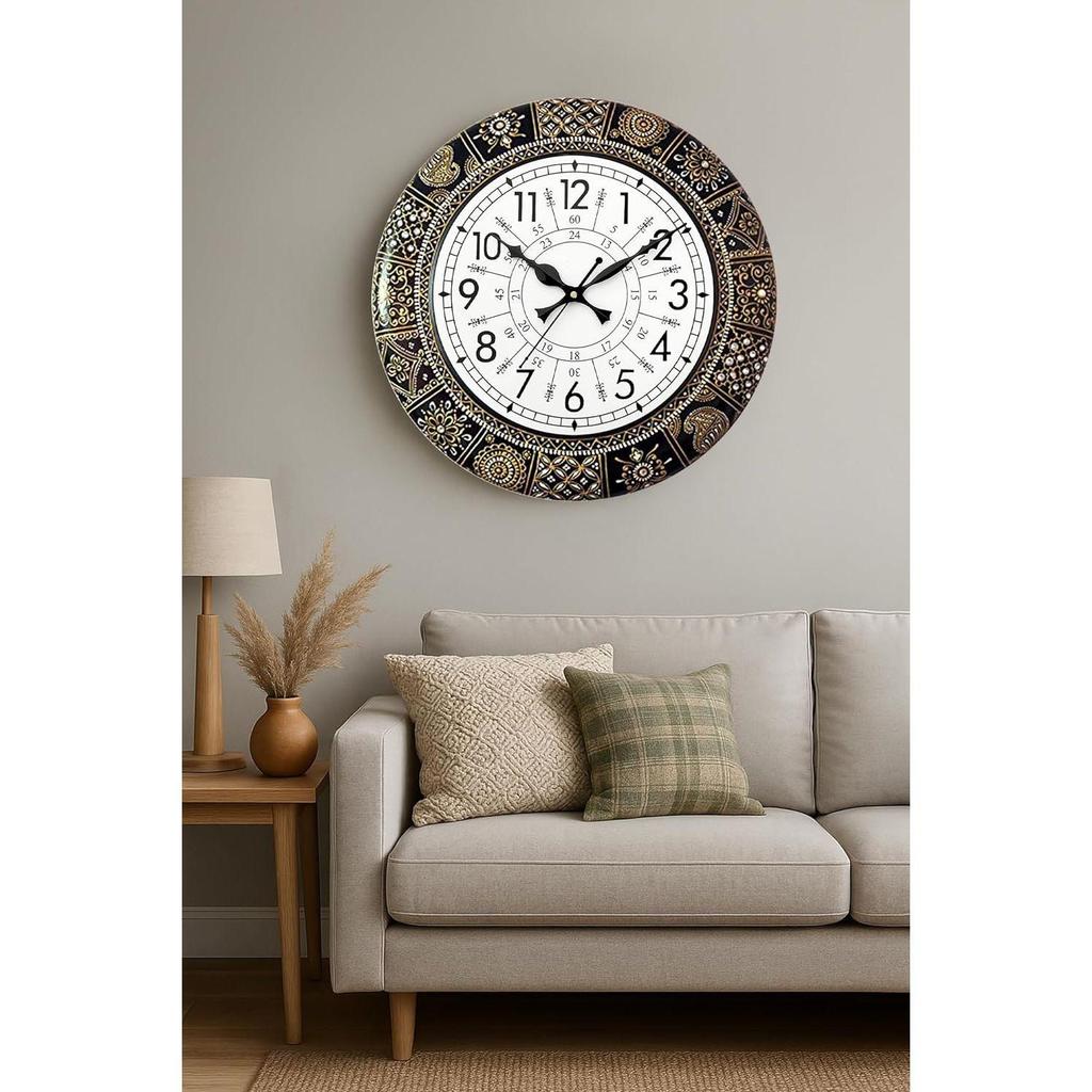 Etniczny Ręcznie Robiony Designerski Zegar Ścienny z Radżastańskim Malarstwem Kwiatowym | Czarny Drewniany Zegar Ścienny do Salonu | 24 Godziny | 16 Cali | Wzór Vintage