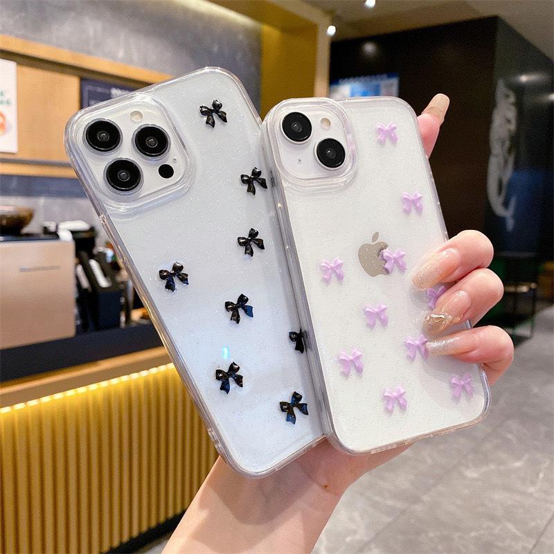 Glitter Pink Small Bow Phone Case for IPhone17promax Small Fresh Style for Apple 16 Transparent Anti-fall 15