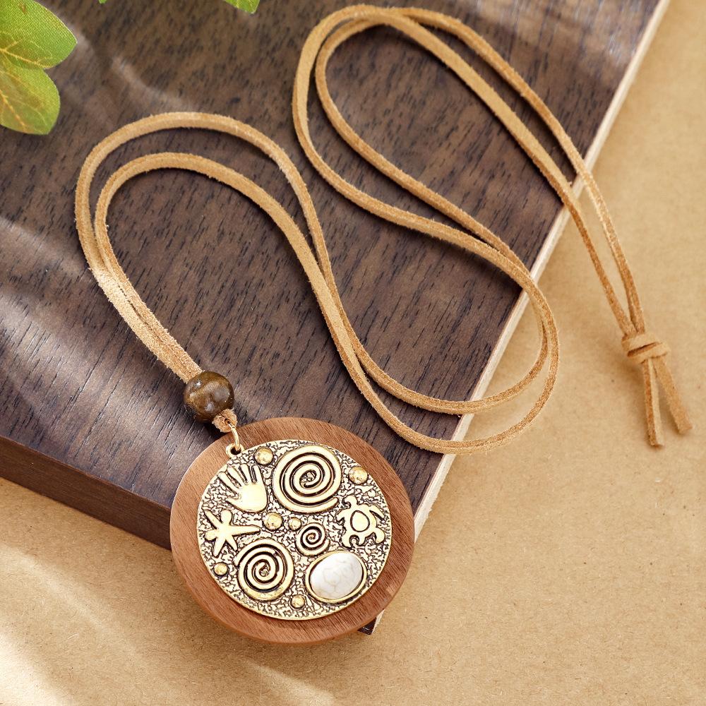 Bohemian Runder Holzscheiben-Anhänger Halsketten für Damen Ethnisch Bunt Öl-Tropfen Vintage Lederseil Halskette Damen Schmuck