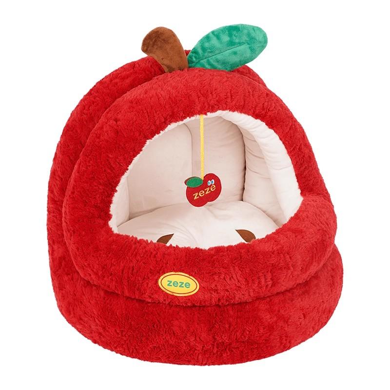 

Winter Warm Kitty Tent with Semi-Enclosed Christmas Apple Cat Bed Plush Yurt Style Pet House Separable Cat Shelter for Indoor