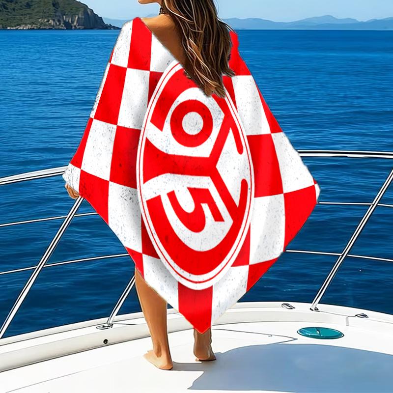 Kırmızı Beyaz Mainz Desenli Plaj Havlusu - Yumuşak, Emici Mikrofiber, Hafif, Plaj, Partiler, Seyahat, Kamp hayran hediyeleri için İdeal