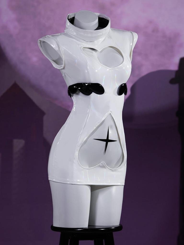 Vestido Adulto Estilo Mágico com Cosplay Coração Aberto Moe Traje Branco Elegante [Miccostumes] Vestido Curto de Manga Curta Feminino, Fantasia, Peito, Padrão,