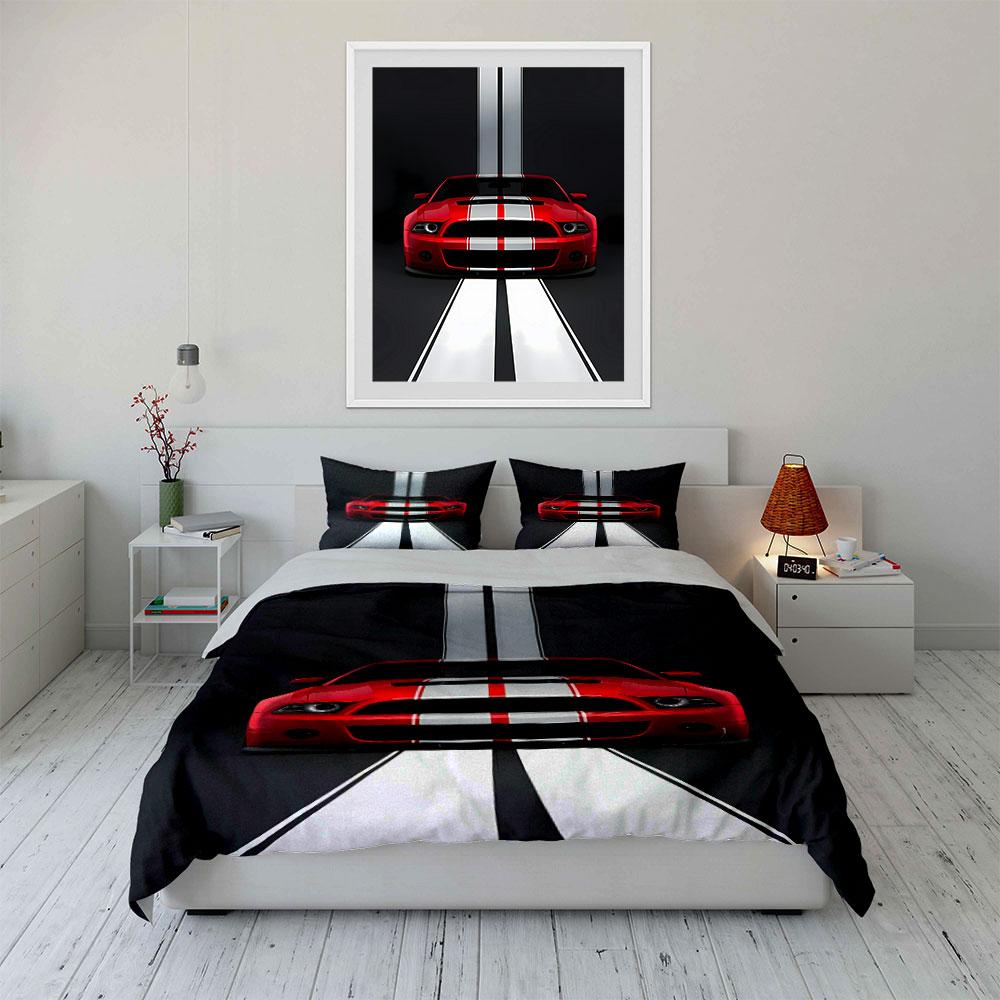 Red car, racing stripes. Bedding sets Duvet cover sets Duvet covers Pillowcases(1* Duvet Cover 2* Pillowcases without duvet insert)