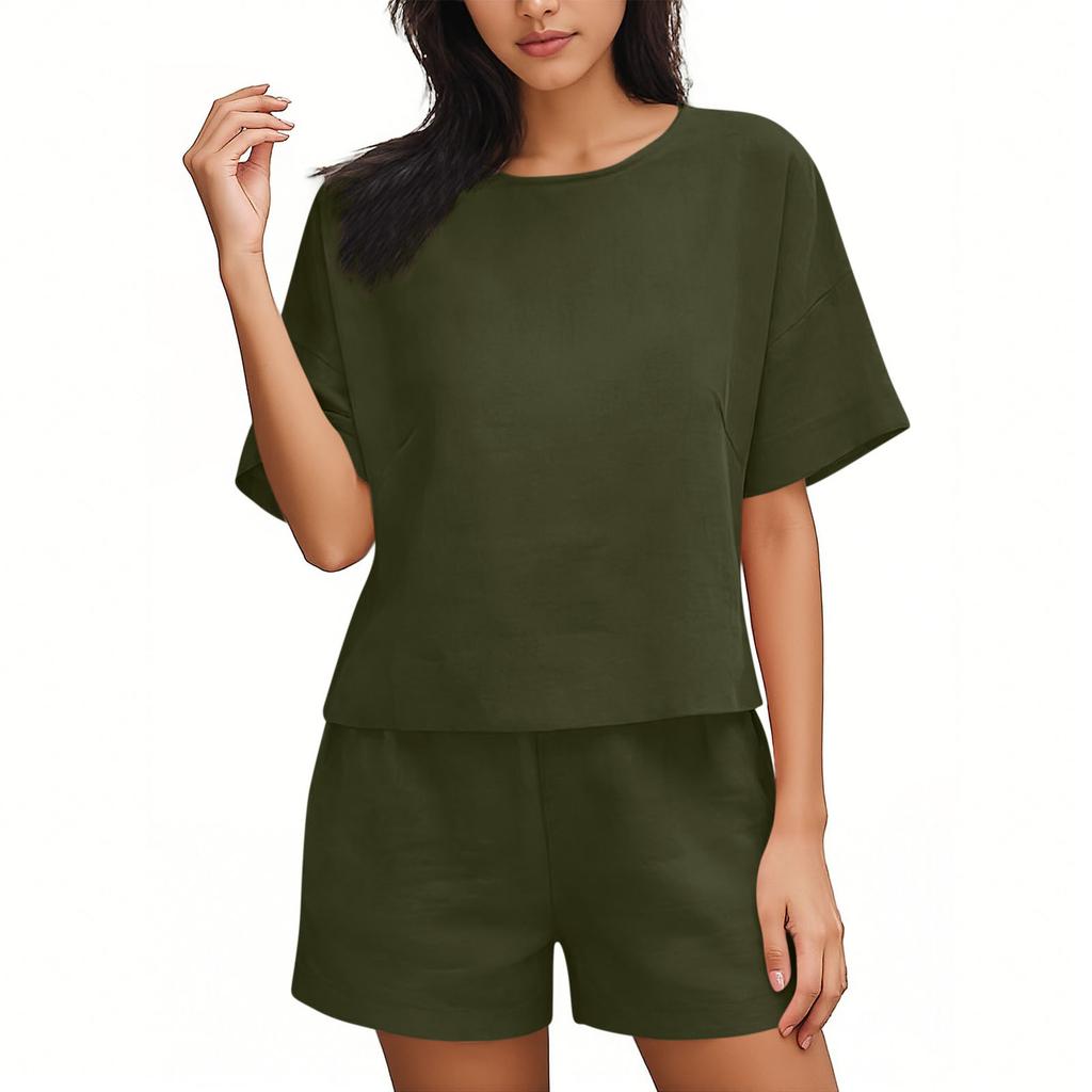 Fashionable Women's Color Casual Round Neck Loose Summer Shorts Top Set