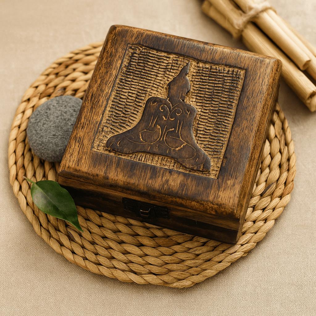 Wooden Keepsake Box, Square Buddha 13x13x6cm